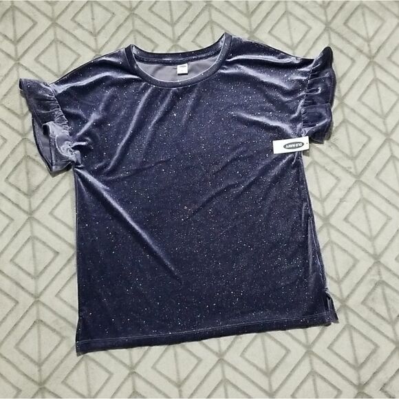 NWT Old Navy Blue Sparkle Velvet Chic Crew Neck Party Ruffle Short Sleeve Blouse - Picture 1 of 5